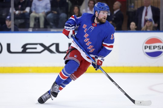 May 22, 2024; New York, New York, USA; New York Rangers left wing Alexis Lafreniere (13) skates against the Florida Panthers during the third period of game one of the Eastern Conference Final of the 2024 Stanley Cup Playoffs at Madison Square Garden. Mandatory Credit: Brad Penner-USA TODAY Sports