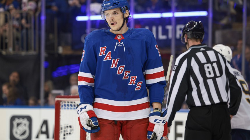 May 24, 2024; New York, New York, USA; New York Rangers center Matt Rempe (73) reacts after a play during the third period in game two of the Eastern Conference Final of the 2024 Stanley Cup Playoffs against the Florida Panthers at Madison Square Garden. Mandatory Credit: Vincent Carchietta-USA TODAY Sports