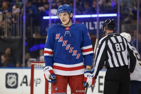 May 24, 2024; New York, New York, USA; New York Rangers center Matt Rempe (73) reacts after a play during the third period in game two of the Eastern Conference Final of the 2024 Stanley Cup Playoffs against the Florida Panthers at Madison Square Garden. Mandatory Credit: Vincent Carchietta-USA TODAY Sports