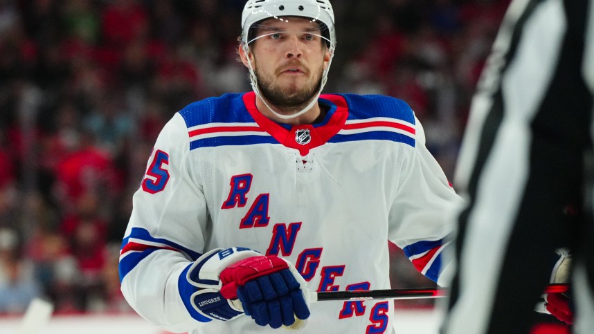 May 11, 2024; Raleigh, North Carolina, USA; New York Rangers defenseman Ryan Lindgren (55) reacts during the first period against the Carolina Hurricanes in game four of the second round of the 2024 Stanley Cup Playoffs at PNC Arena. Mandatory Credit: James Guillory-USA TODAY Sports