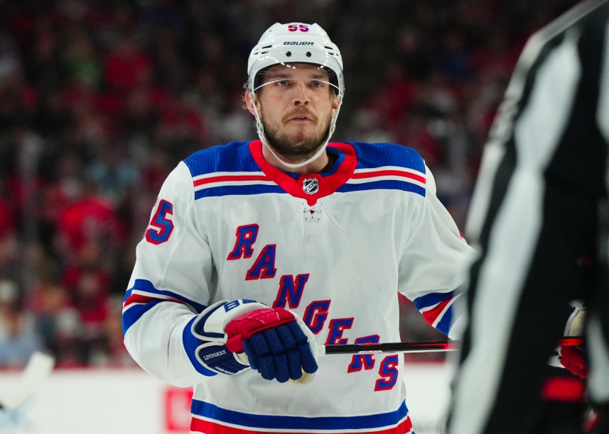 May 11, 2024; Raleigh, North Carolina, USA; New York Rangers defenseman Ryan Lindgren (55) reacts during the first period against the Carolina Hurricanes in game four of the second round of the 2024 Stanley Cup Playoffs at PNC Arena. Mandatory Credit: James Guillory-USA TODAY Sports