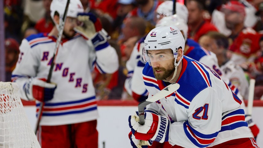 May 26, 2024; Sunrise, Florida, USA; New York Rangers center Barclay Goodrow (21) looks on after scoring against the Florida Panthers during the second period in game three of the Eastern Conference Final of the 2024 Stanley Cup Playoffs at Amerant Bank Arena. Mandatory Credit: Sam Navarro-USA TODAY Sports