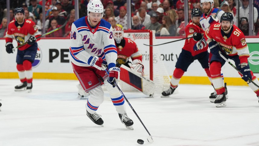 Jun 1, 2024; Sunrise, Florida, USA; New York Rangers right wing Kaapo Kakko (24) regroups in the Florida Panthers zone during the first period in game six of the Eastern Conference Final of the 2024 Stanley Cup Playoffs at Amerant Bank Arena. Mandatory Credit: Jim Rassol-USA TODAY Sports