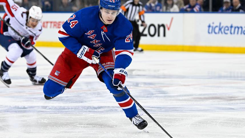 Apr 23, 2024; New York, New York, USA;  New York Rangers right wing Kaapo Kakko (24) skates across the blue line against the Washington Capitals during the third period in game two of the first round of the 2024 Stanley Cup Playoffs at Madison Square Garden. Mandatory Credit: Dennis Schneidler-USA TODAY Sports