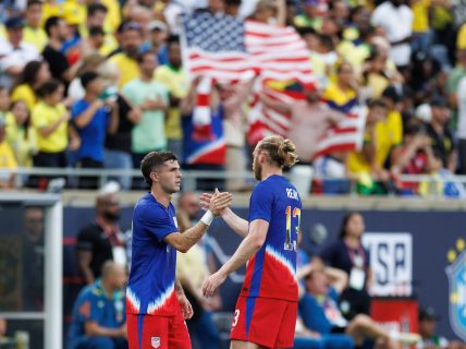 Jun 12, 2024; Orlando, Florida, USA; USMNT United States midfielder Christian Pulisic (10) celebrates after scoring a goal against Brazil in the first half during the Continental Clasico at Camping World Stadium. Mandatory Credit: Nathan Ray Seebeck-USA TODAY Sports