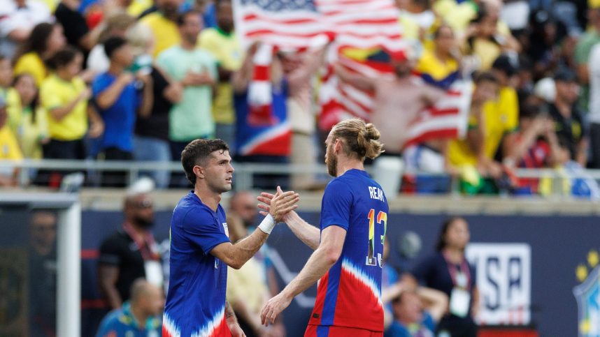 Jun 12, 2024; Orlando, Florida, USA; USMNT United States midfielder Christian Pulisic (10) celebrates after scoring a goal against Brazil in the first half during the Continental Clasico at Camping World Stadium. Mandatory Credit: Nathan Ray Seebeck-USA TODAY Sports