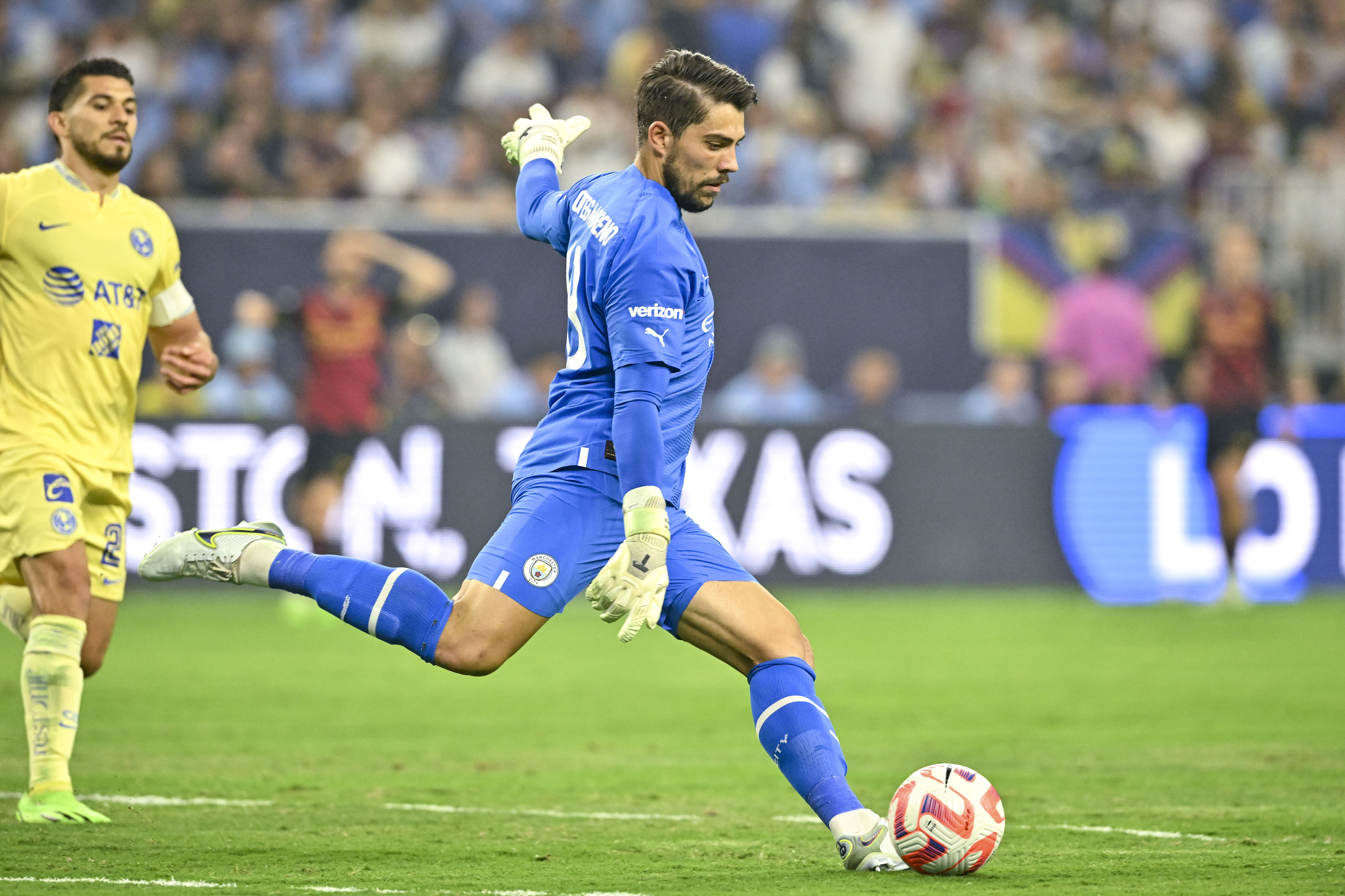 Jul 20, 2022; Houston, TX, USA; Manchester City goalkeeper Stefan Ortega (18) kicks the ball during the first half against the Club America at NRG Stadium. Mandatory Credit: Maria Lysaker-USA TODAY Sports