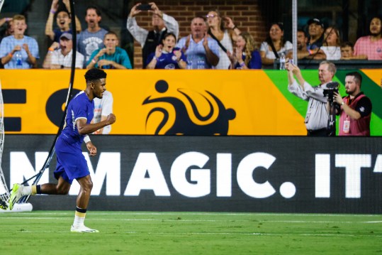 Jul 19, 2023; Chapel Hill, North Carolina, USA;  Chelsea midfielder Ian Maatsen (38) scores a goal and celebrates against Wrexham at Kenan Memorial Stadium. Mandatory Credit: Jaylynn Nash-USA TODAY Sports