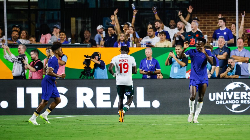 Jul 19, 2023; Chapel Hill, North Carolina, USA;  Chelsea midfielder Ian Maatsen (38) scores a goal and celebrates against Wrexham at Kenan Memorial Stadium. Mandatory Credit: Jaylynn Nash-USA TODAY Sports