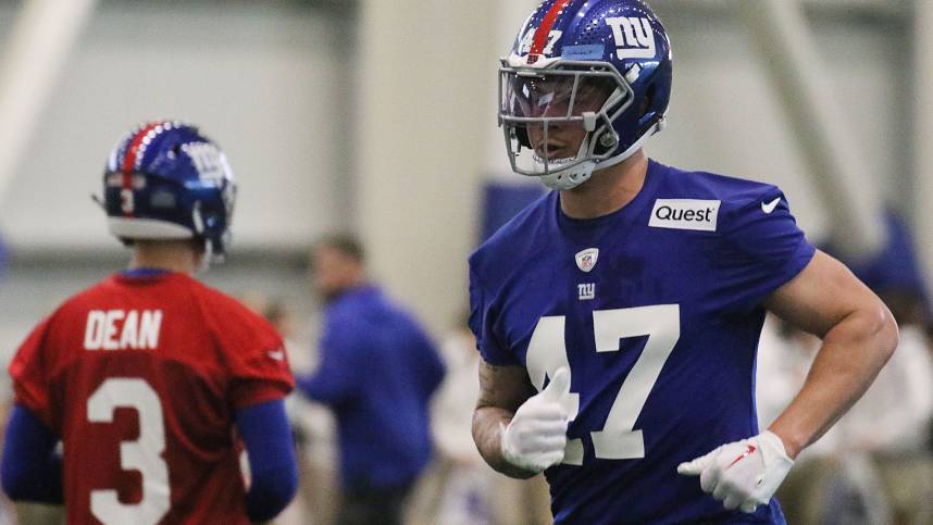 East Rutherford , NJ — May 10, 2024 -- Fourth round draft pick Theo Johnson as the New York Giants hold their Rookie Camp and introduce their new draft picks.