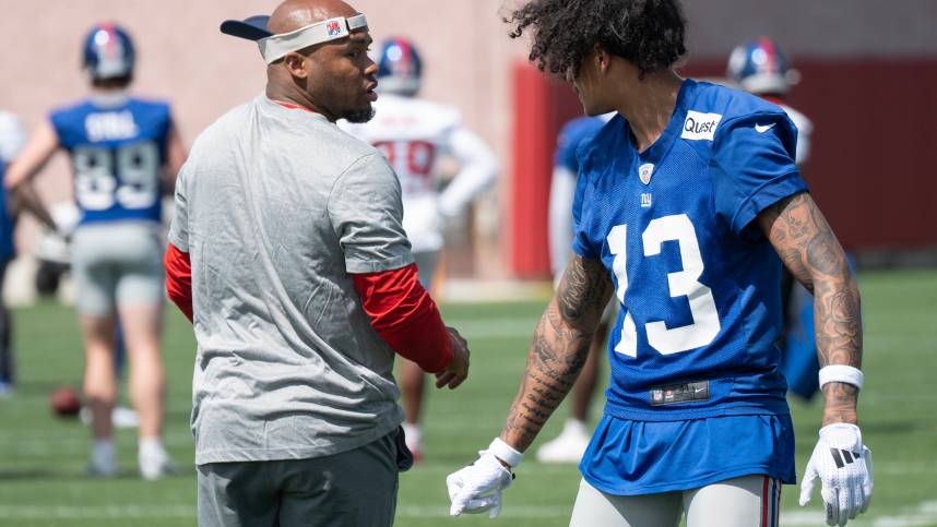 Right, Steve Smith, a former pro bowl NFL wide receiver, works with Jalin Hyatt, wide receiver. The NY Giants NFL team held an organized team activity at their training facility in East Rutherford, NJ on Thursday May 30, 2024.