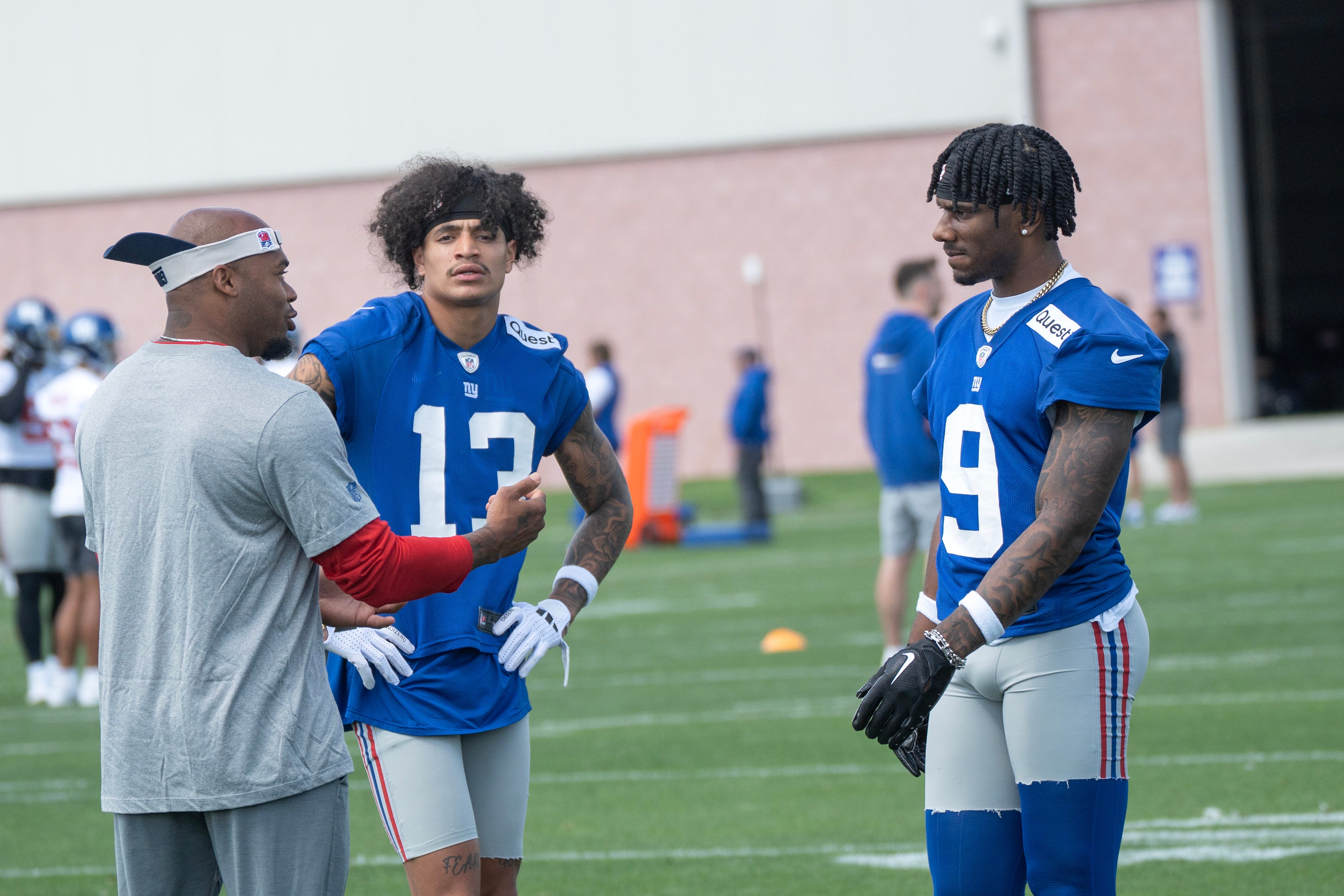 Right, Steve Smith, a former pro bowl NFL wide receiver, works with wide receivers Jalin Hyatt and Malik Nabers. The NY Giants NFL team held an organized team activity at their training facility in East Rutherford, NJ on Thursday May 30, 2024.