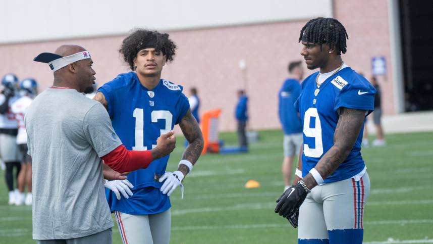 Right, Steve Smith, a former pro bowl NFL wide receiver, works with wide receivers Jalin Hyatt and Malik Nabers. The NY Giants NFL team held an organized team activity at their training facility in East Rutherford, NJ on Thursday May 30, 2024.