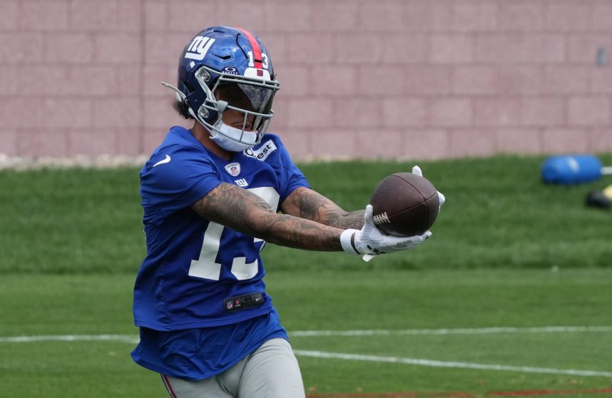 East Rutherford, NJ -- June 11, 2024 -- Wide receiver, Jalin Hyatt at the NY Giants Mandatory Minicamp at their practice facility in East Rutherford, NJ.