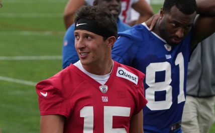 East Rutherford, NJ -- June 11, 2024 -- Quarterback Tommy DeVito walks off at the end of practice field at the NY Giants Mandatory Minicamp at their practice facility in East Rutherford, NJ.