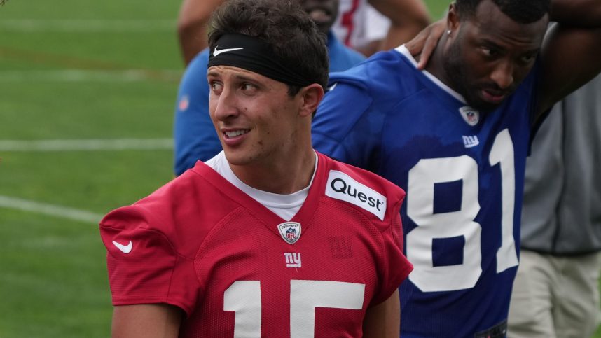 East Rutherford, NJ -- June 11, 2024 -- Quarterback Tommy DeVito walks off at the end of practice field at the NY Giants Mandatory Minicamp at their practice facility in East Rutherford, NJ.