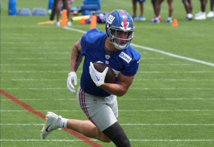 East Rutherford, NJ -- June 11, 2024 -- Tight end, Theo Johnson at the NY Giants Mandatory Minicamp at their practice facility in East Rutherford, NJ.