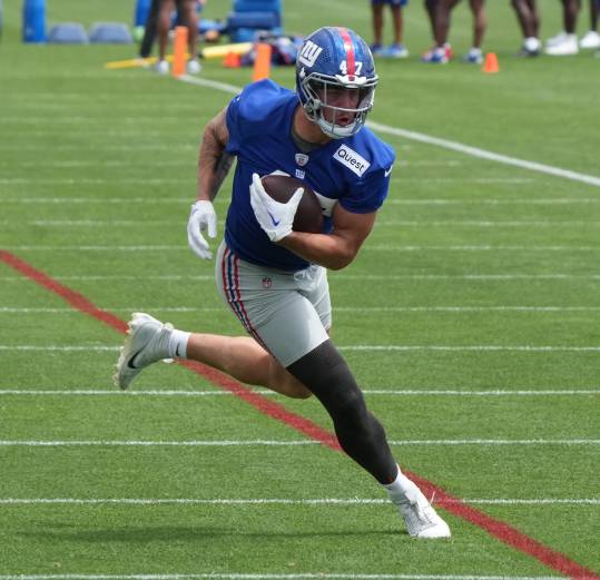 East Rutherford, NJ -- June 11, 2024 -- Tight end, Theo Johnson at the NY Giants Mandatory Minicamp at their practice facility in East Rutherford, NJ.