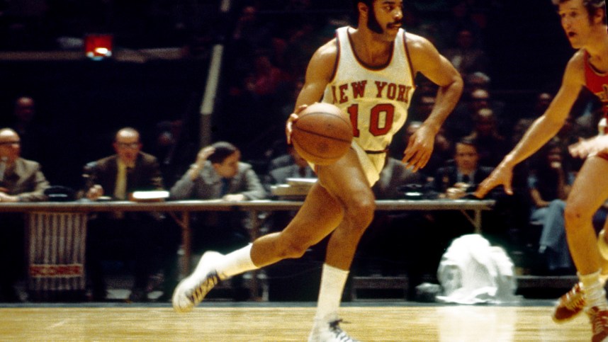 Mar 2, 1971; New York, NY, USA; FILE PHOTO; New York Knicks guard Walt Frazier (10) in action against the Baltimore Bullets at Madison Square Garden. Mandatory Credit: Manny Rubio-USA TODAY Sports