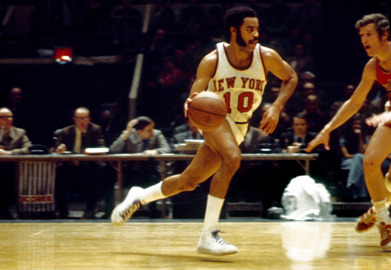 Mar 2, 1971; New York, NY, USA; FILE PHOTO; New York Knicks guard Walt Frazier (10) in action against the Baltimore Bullets at Madison Square Garden. Mandatory Credit: Manny Rubio-USA TODAY Sports