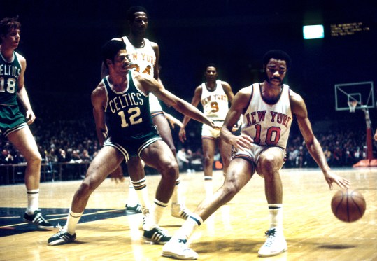 March 6, 1971; New York, NY, USA; FILE PHOTO; New York Knicks guard Walt Frazier (10) is defended by Boston Celtics guard Don Chaney (12) at Madison Square Garden. Mandatory Credit: Manny Rubio-USA TODAY Sports