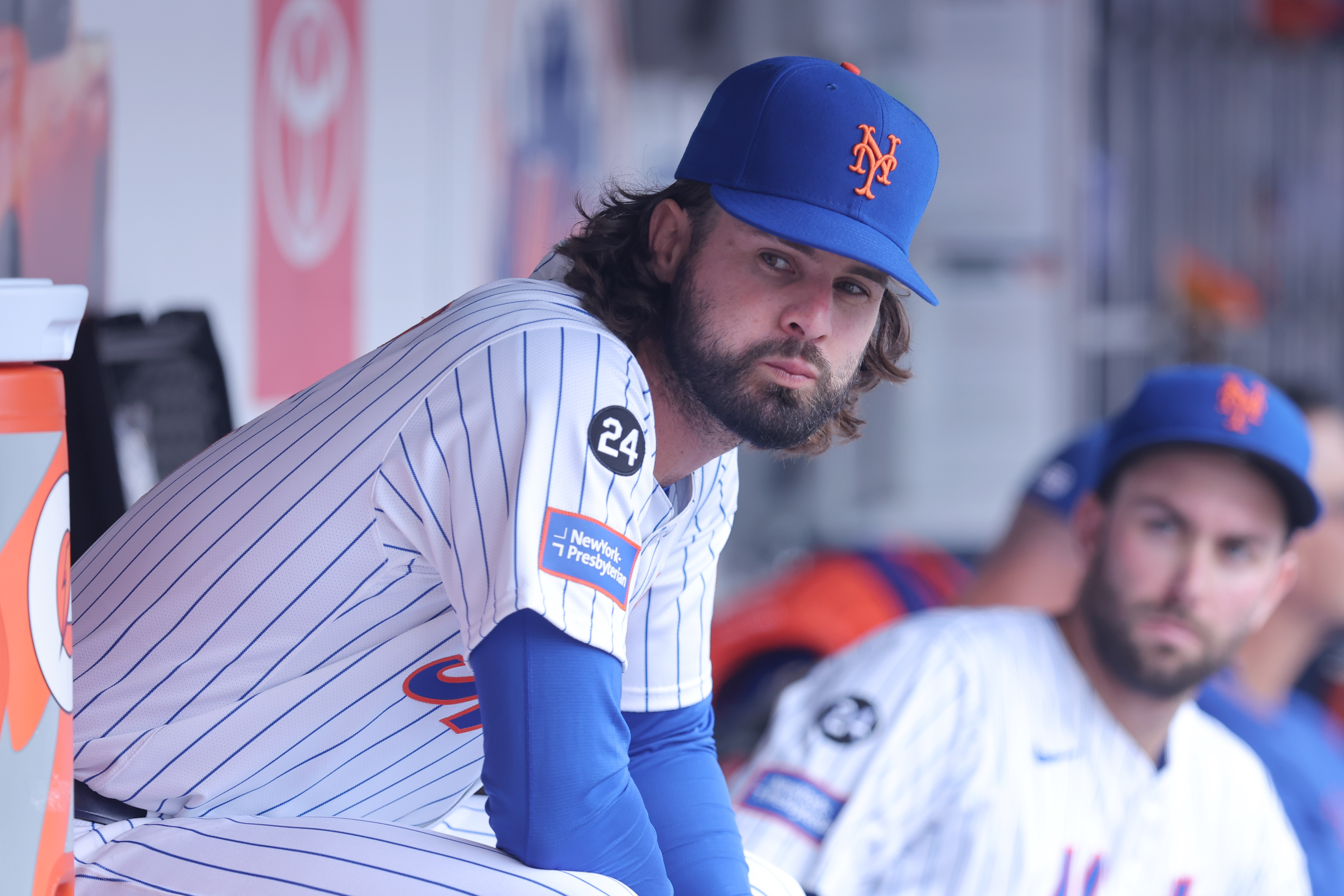 Jul 28, 2024; New York City, New York, USA; New York Mets outfielder Jesse Winker (3) sits in the dugout during the second inning against the Atlanta Braves at Citi Field. Mandatory Credit: Brad Penner-USA TODAY Sports