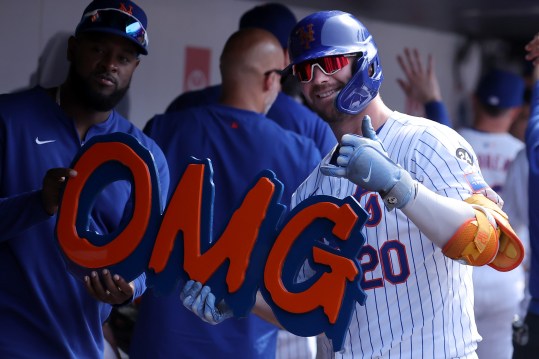 July 28, 2024; New York City, New York, USA; New York Mets first baseman Pete Alonso (20) celebrates his two-run home run against the Atlanta Braves in the dugout during the eighth inning at Citi Field. Mandatory Photo Credit: Brad Penner-USA TODAY Sports