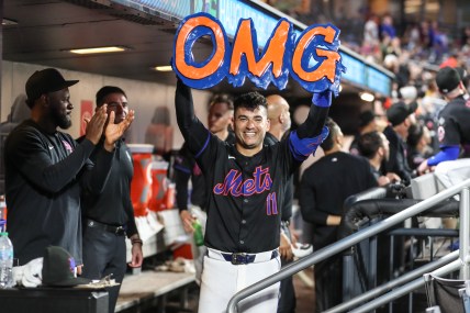 Jul 12, 2024; New York City, New York, USA;  New York Mets second baseman Jose Iglesias (11) celebrates in the dugout after hitting a solo home run in the fifth inning against the Colorado Rockies at Citi Field. Mandatory Credit: Wendell Cruz-USA TODAY Sports