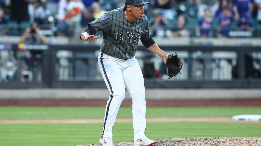 Jul 13, 2024; New York City, New York, USA; New York Mets relief pitcher Dedniel Núñez (72) reacts after recording a save after defeating the Colorado Rockies 7-3 at Citi Field. Mandatory Credit: Wendell Cruz-USA TODAY Sports