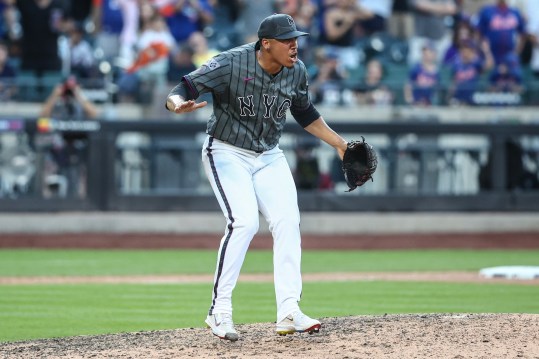 Jul 13, 2024; New York City, New York, USA; New York Mets relief pitcher Dedniel Núñez (72) reacts after recording a save after defeating the Colorado Rockies 7-3 at Citi Field. Mandatory Credit: Wendell Cruz-USA TODAY Sports