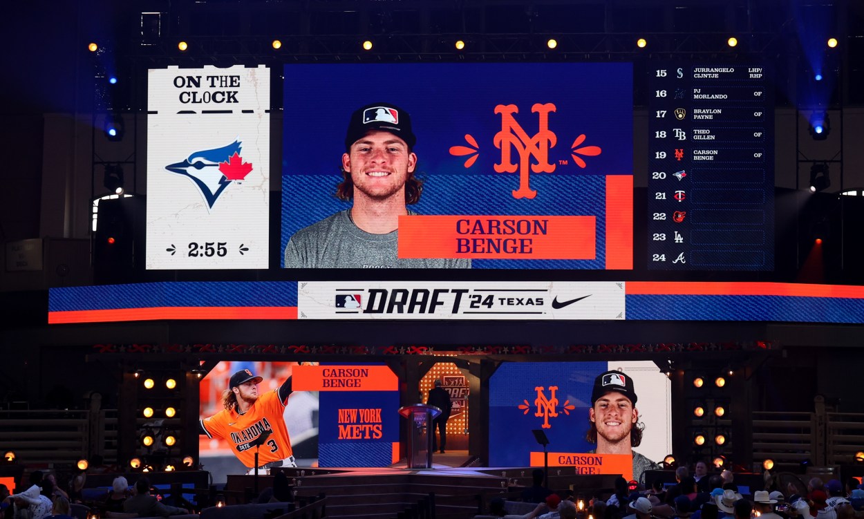 Jul 14, 2024; Ft. Worth, TX, USA; Carson Benge is drafted by the New York Mets with the 19th pick during the first round of the MLB Draft at Cowtown Coliseum. Mandatory Credit: Kevin Jairaj-USA TODAY Sports