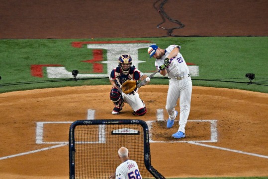 Jul 15, 2024; Arlington, TX, USA; National League first baseman Pete Alonso of the New York Mets (20) bats during the 2024 All Star Game Home Run Derby at Globe Life Field. Mandatory Credit: Jerome Miron-USA TODAY Sports