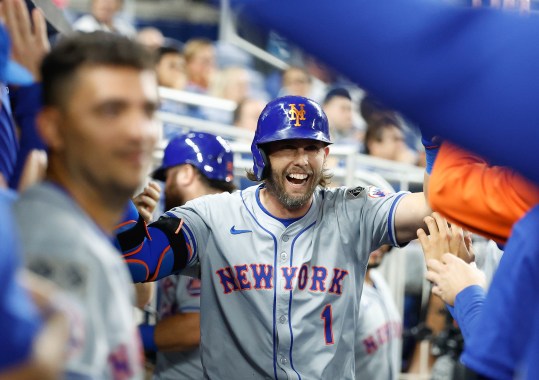 July 22, 2024; Miami, Florida, USA; New York Mets second baseman Jeff McNeil (1) celebrates his home run against the Miami Marlins in the second inning at loanDepot Park. Mandatory Photo Credit: Rhona Wise-USA TODAY Sports