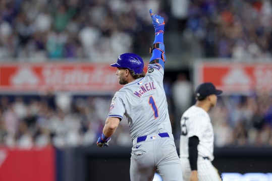 Jul 23, 2024; Bronx, New York, USA; New York Mets second baseman Jeff McNeil (1) celebrates as he rounds the bases after hitting a two run home run against the New York Yankees during the sixth inning at Yankee Stadium. Mandatory Credit: Brad Penner-USA TODAY Sports