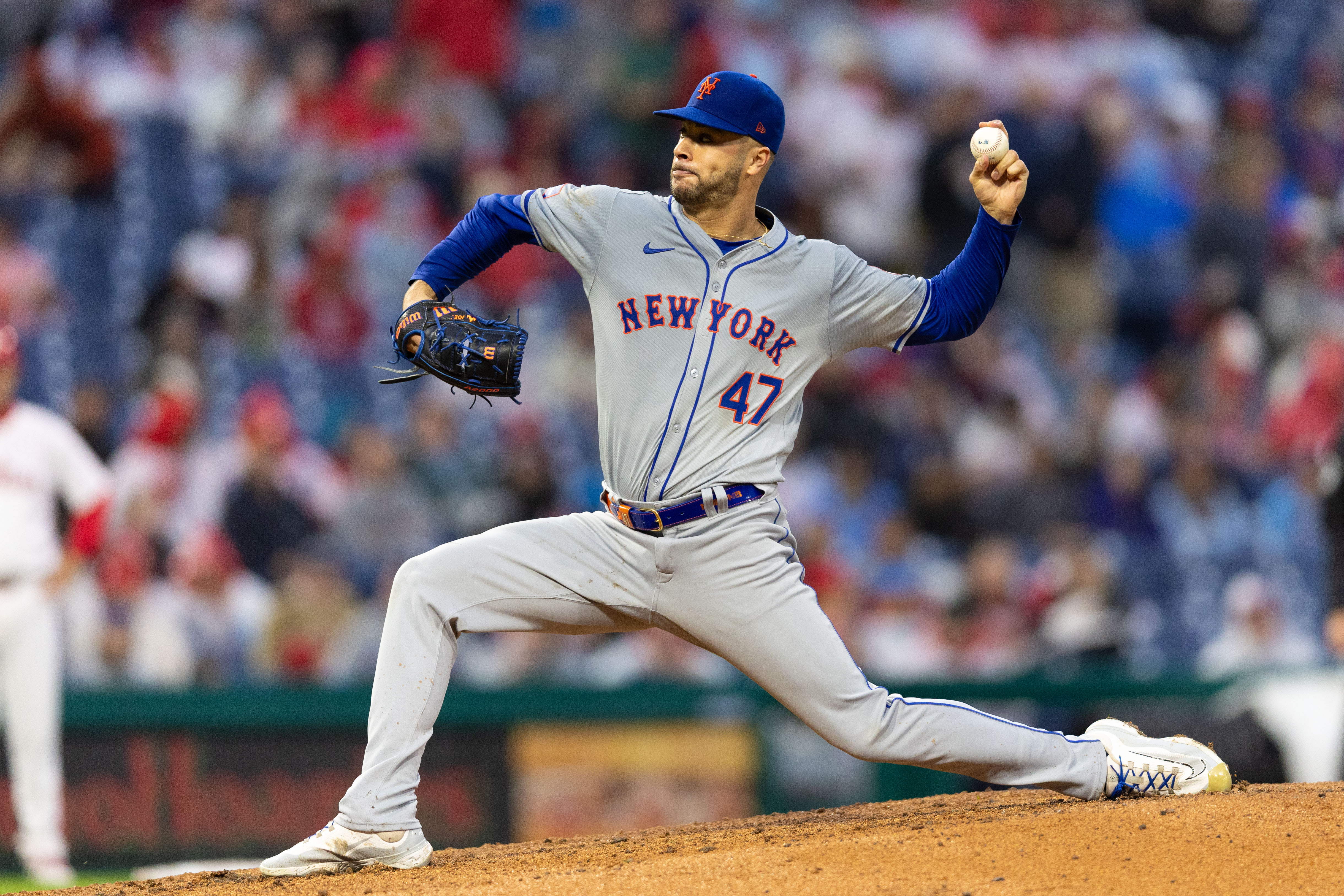 May 15, 2024; Philadelphia, Pennsylvania, USA; New York Mets starting pitcher Joey Lucchesi (47) throws a pitch against the Philadelphia Phillies at Citizens Bank Park. Mandatory Credit: Bill Streicher-USA TODAY Sports