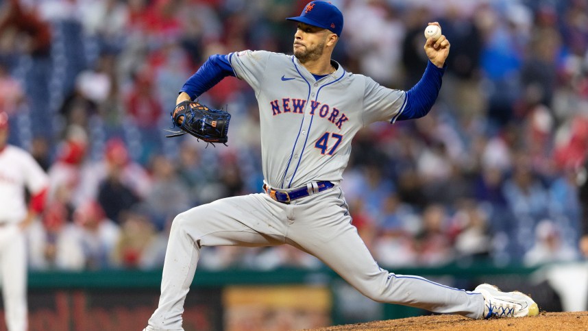 May 15, 2024; Philadelphia, Pennsylvania, USA; New York Mets starting pitcher Joey Lucchesi (47) throws a pitch against the Philadelphia Phillies at Citizens Bank Park. Mandatory Credit: Bill Streicher-USA TODAY Sports