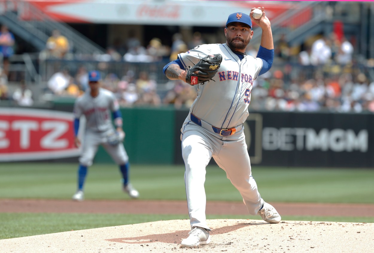 Jul 7, 2024; Pittsburgh, Pennsylvania, USA;  New York Mets starting pitcher Sean Manaea (59) delivers a pitch against the Pittsburgh Pirates during the first inning at PNC Park. Mandatory Credit: Charles LeClaire-USA TODAY Sports