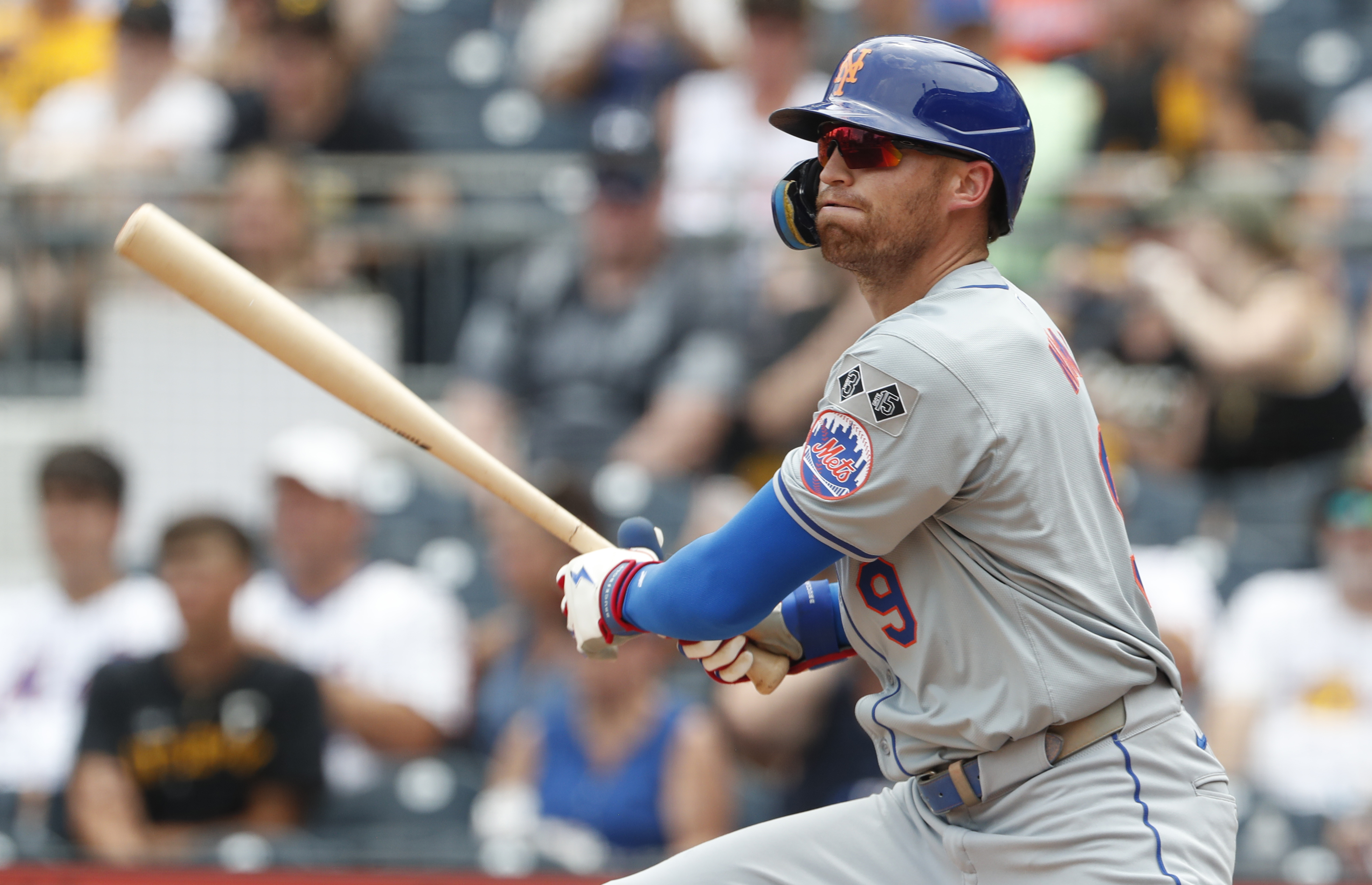 Jul 8, 2024; Pittsburgh, Pennsylvania, USA;  New York Mets left fielder Brandon Nimmo (9) hits a single against the Pittsburgh Pirates during the eighth inning at PNC Park.  The Pirates won 8-2. Mandatory Credit: Charles LeClaire-USA TODAY Sports