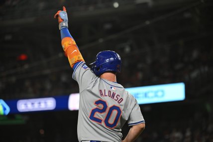 Jul 1, 2024; Washington, District of Columbia, USA; New York Mets first baseman Pete Alonso (20) reacts after a three run home run by designated hitter J.D. Martinez (28) (not pictured) against the Washington Nationals during the tenth inning at Nationals Park. Mandatory Credit: Rafael Suanes-USA TODAY Sports