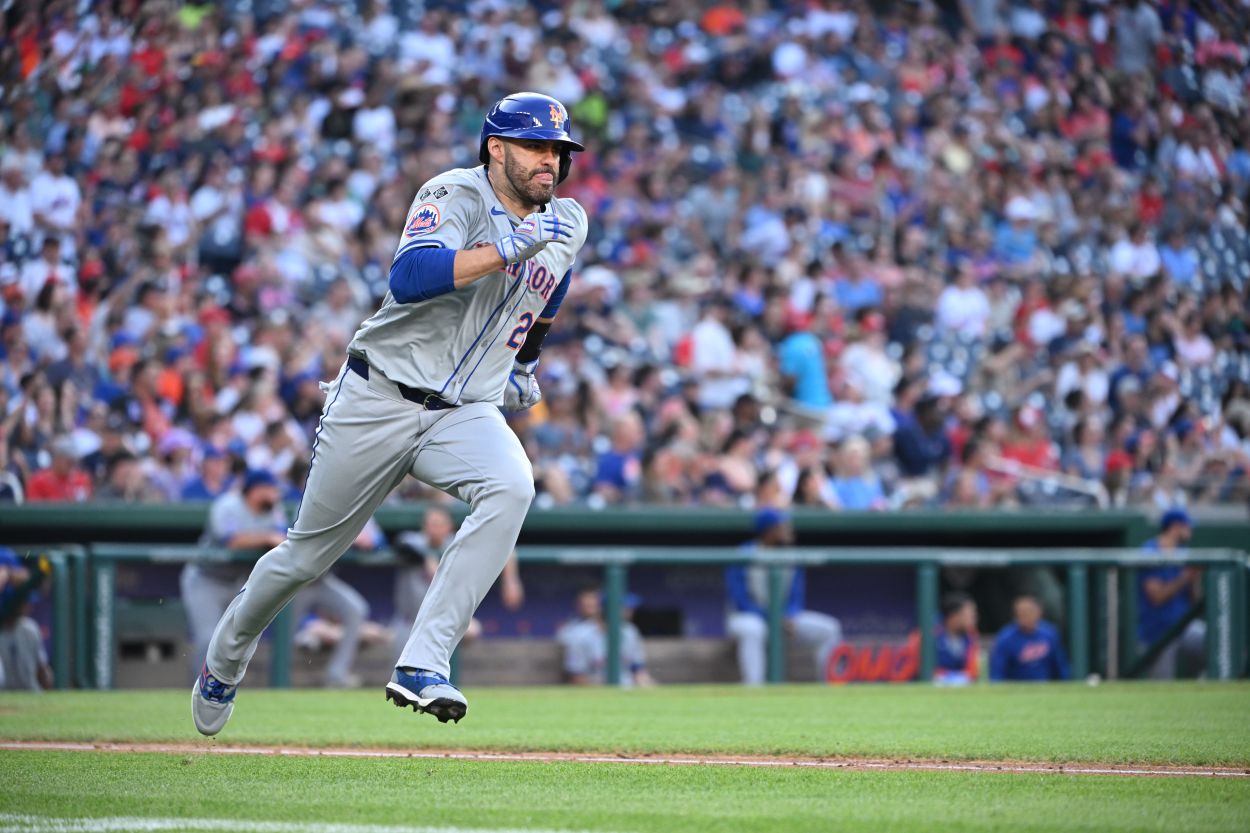 Jul 3, 2024; Washington, District of Columbia, USA; New York Mets designated hitter J.D. Martinez (28) sprints to first base after a base hit against the Washington Nationals  during the fourth inning at Nationals Park. Mandatory Credit: Rafael Suanes-USA TODAY Sports