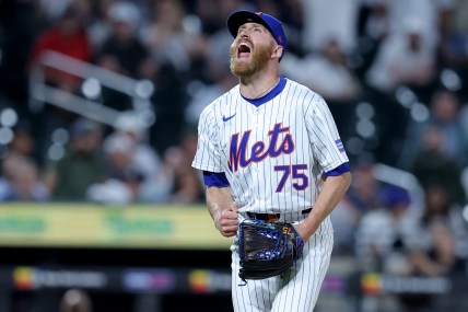 Jun 25, 2024; New York City, New York, USA; New York Mets relief pitcher Reed Garrett (75) reacts after getting the final out against the New York Yankees at Citi Field. Mandatory Credit: Brad Penner-USA TODAY Sports