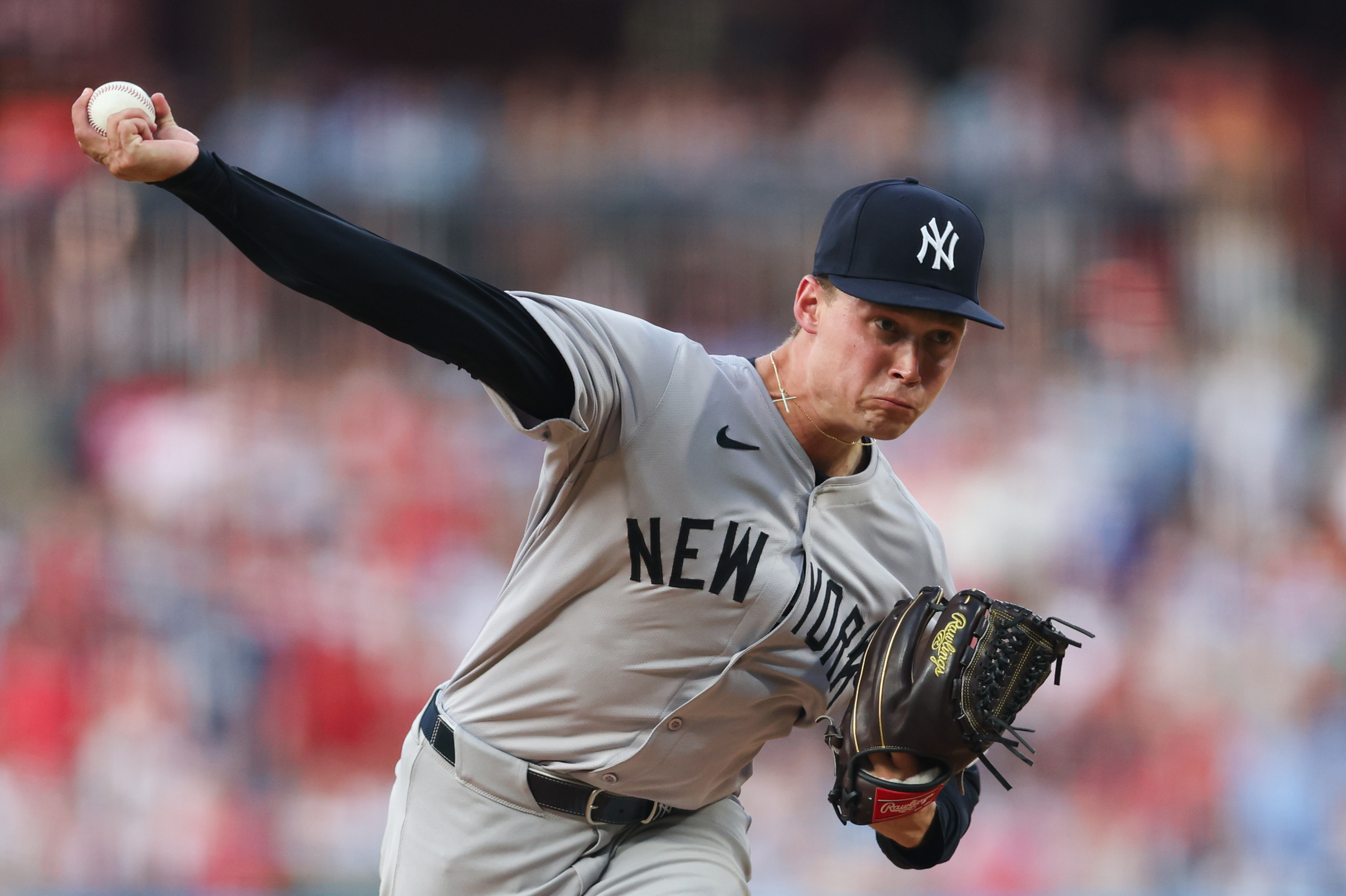 Jul 30, 2024; Philadelphia, Pennsylvania, USA; New York Yankees starting pitcher Will Warren (98) throws a pitch during the second inning against the Philadelphia Phillies at Citizens Bank Park. Mandatory Credit: Bill Streicher-USA TODAY Sports