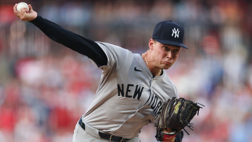 Jul 30, 2024; Philadelphia, Pennsylvania, USA; New York Yankees starting pitcher Will Warren (98) throws a pitch during the second inning against the Philadelphia Phillies at Citizens Bank Park. Mandatory Credit: Bill Streicher-USA TODAY Sports