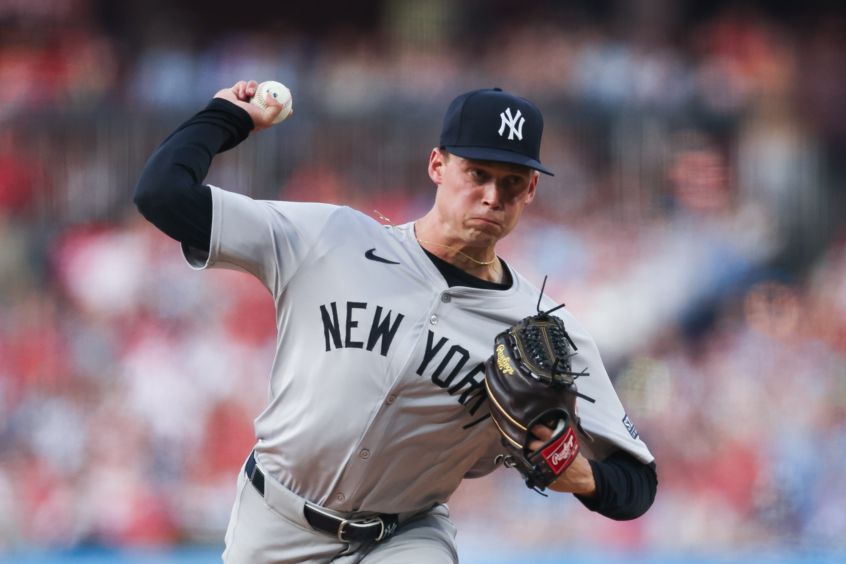 Jul 30, 2024; Philadelphia, Pennsylvania, USA; New York Yankees starting pitcher Will Warren (98) throws a pitch during the second inning against the Philadelphia Phillies at Citizens Bank Park. Mandatory Credit: Bill Streicher-USA TODAY Sports