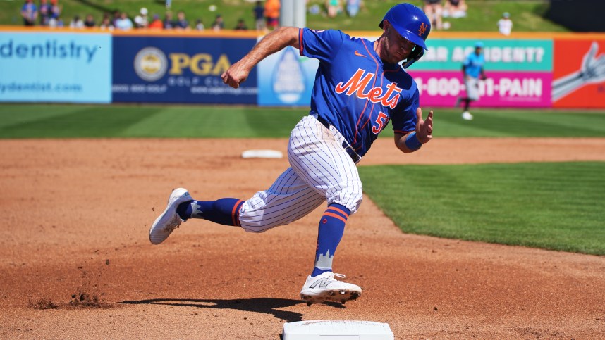 Feb 27, 2024; Port St. Lucie, Florida, USA;  New York Mets second baseman Rylan Bannon (58) rounds third base and scores a run in the third inning against the Miami Marlins at Clover Park. Mandatory Credit: Jim Rassol-USA TODAY Sports