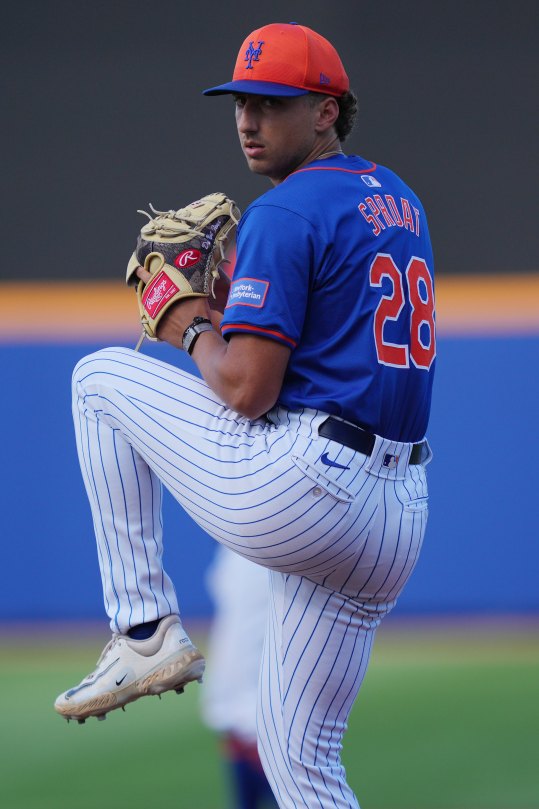 Mar 15, 2024; Port St. Lucie, Florida, USA; New York Mets pitcher Brandon Sproat (28) warms-up in the sixth inning against the Washington Nationals in the Spring Breakout game at Clover Park. Mandatory Credit: Jim Rassol-USA TODAY Sports