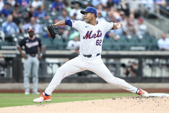 Jul 9, 2024; New York City, New York, USA; New York Mets starting pitcher Jose Quintana (62) pitches in the first inning against the Washington Nationals at Citi Field. Mandatory Credit: Wendell Cruz-USA TODAY Sports