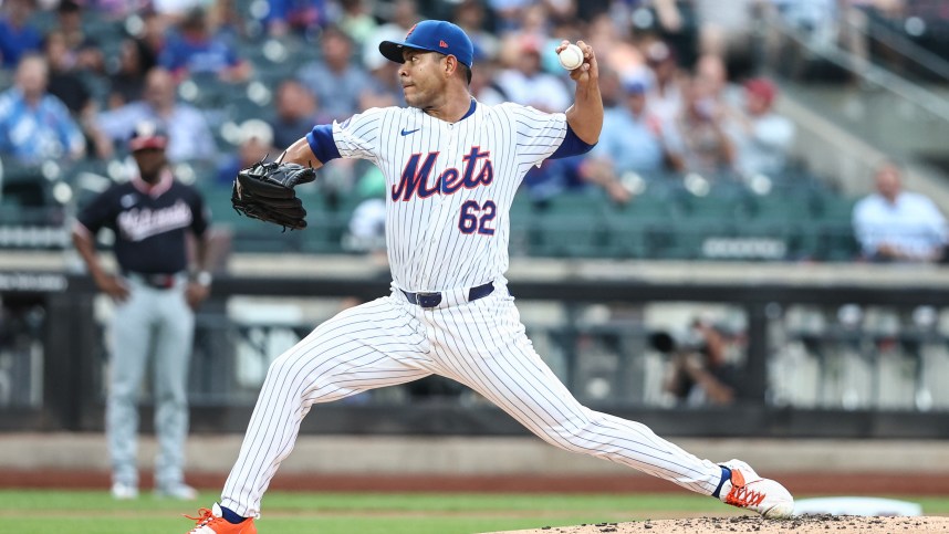 Jul 9, 2024; New York City, New York, USA;  New York Mets starting pitcher Jose Quintana (62) pitches in the first inning against the Washington Nationals at Citi Field. Mandatory Credit: Wendell Cruz-USA TODAY Sports