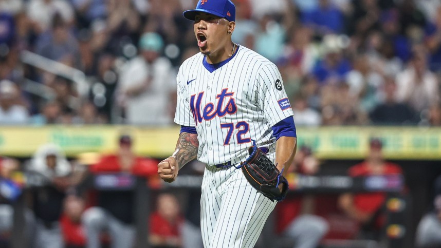 Jul 9, 2024; New York City, New York, USA;  New York Mets relief pitcher Dedniel Núñez (72) reacts after retiring the side in the eighth inning against the Washington Nationals at Citi Field. Mandatory Credit: Wendell Cruz-USA TODAY Sports