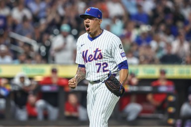 Jul 9, 2024; New York City, New York, USA;  New York Mets relief pitcher Dedniel Núñez (72) reacts after retiring the side in the eighth inning against the Washington Nationals at Citi Field. Mandatory Credit: Wendell Cruz-USA TODAY Sports